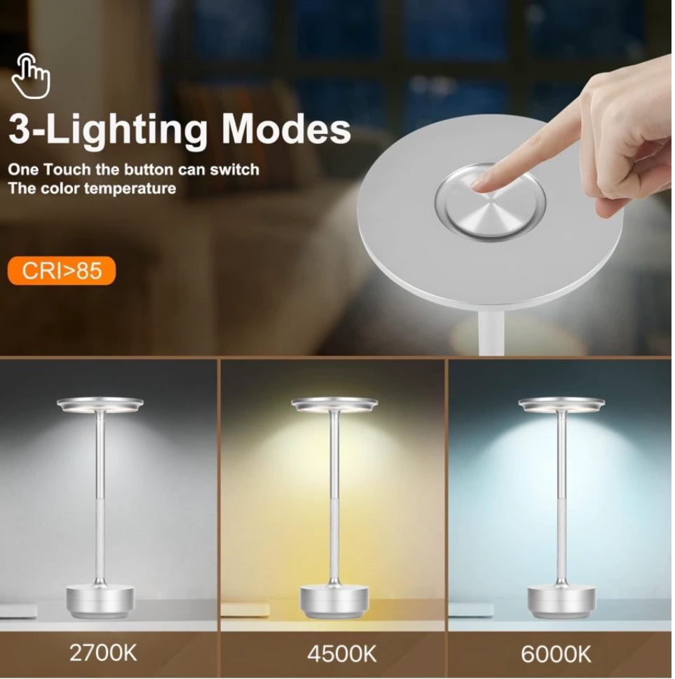 Laddningsbar Designlampa – Trådlös & Dimbar LED i Stilren Metallfinish